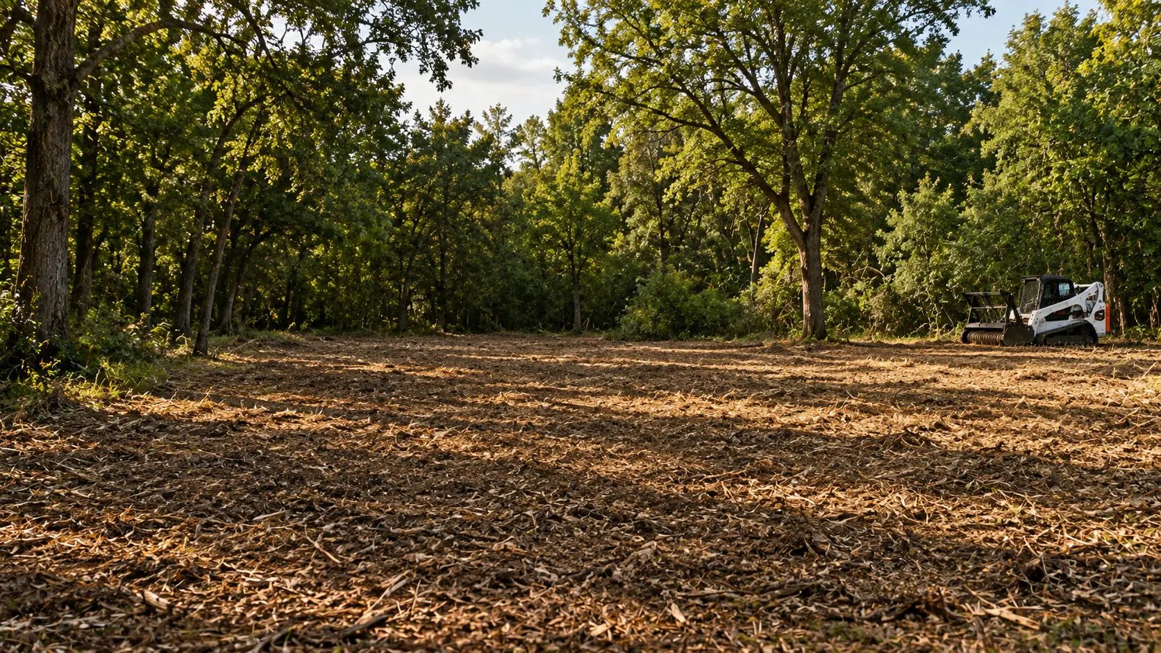 Freshly cleared rural acreage with mulched ground at dusk