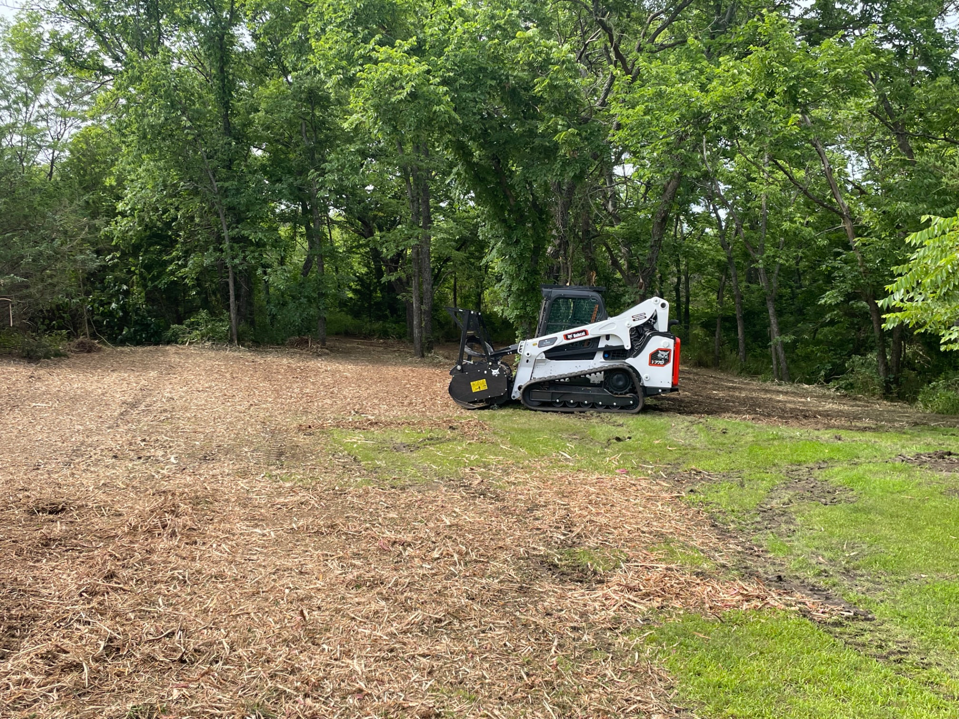 Skid steer on freshly cleared acreage surrounded by trees