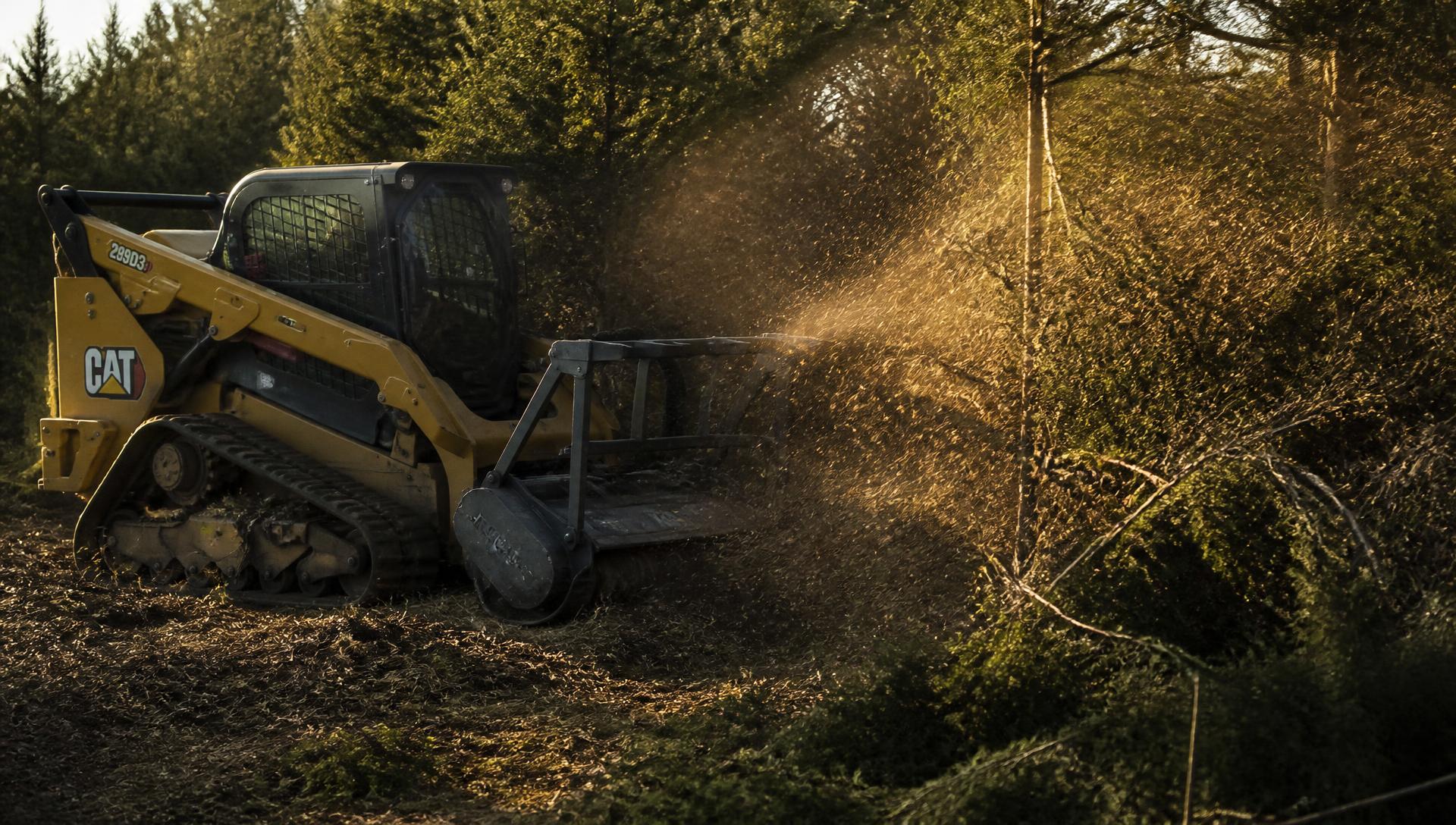 Forestry mulching head processing brush and cedar along the fence line